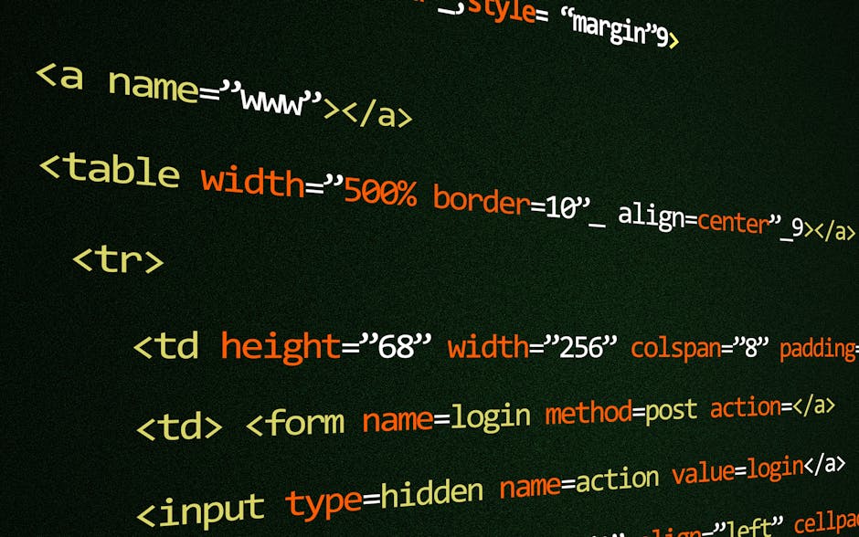 In the image, there is a close-up view of a computer screen displaying HTML code with various tags and attributes in different colors. The code appears to be part of a webpage layout, with visible tag